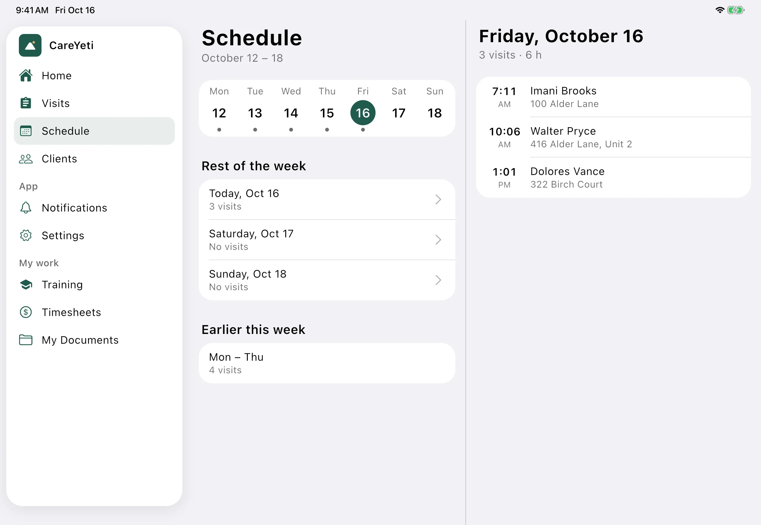 CareYeti on iPad: the week’s schedule with the visits for the selected day