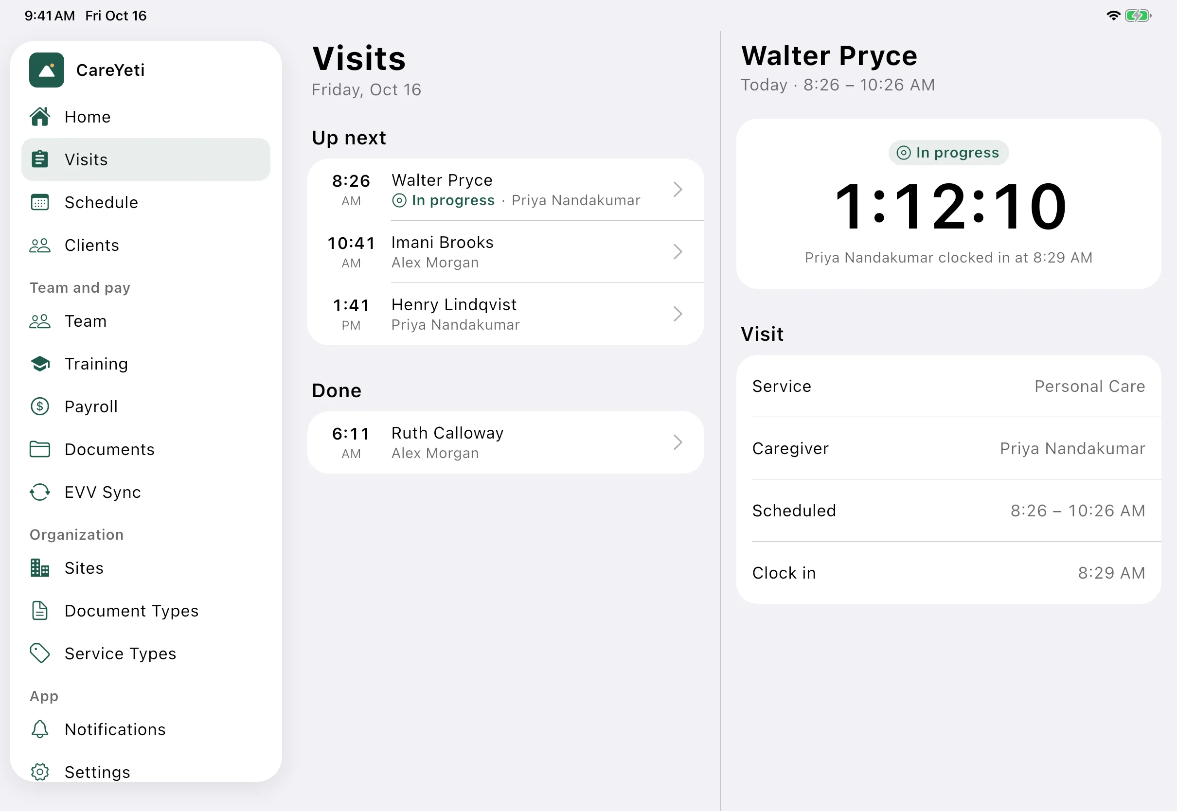 CareYeti Visits on iPad: today’s visits grouped into Up next and Done, with the visit in progress and its live timer