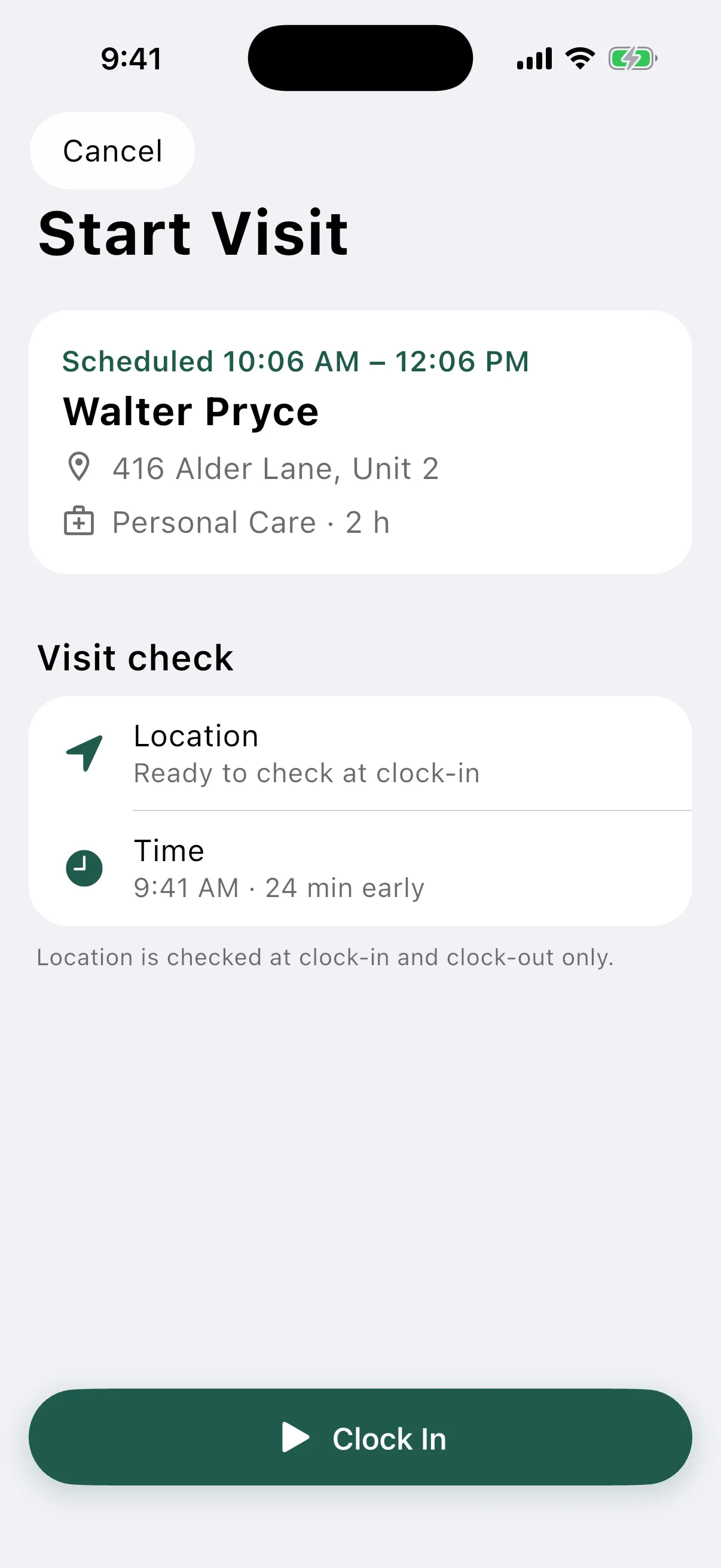 Start Visit on iPhone with the client, the address, a location check and a Clock In button
