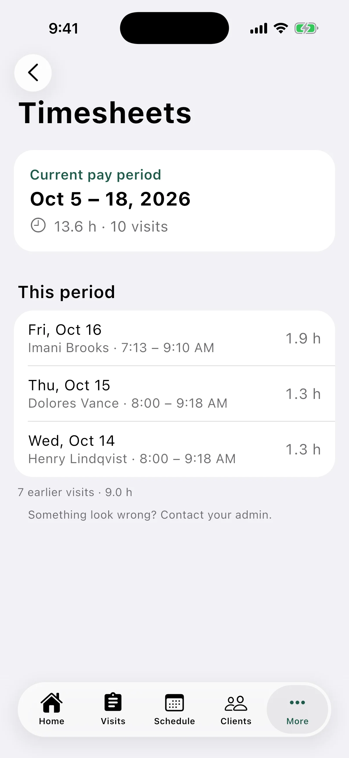 Timesheets on iPhone with the current pay period and its visits